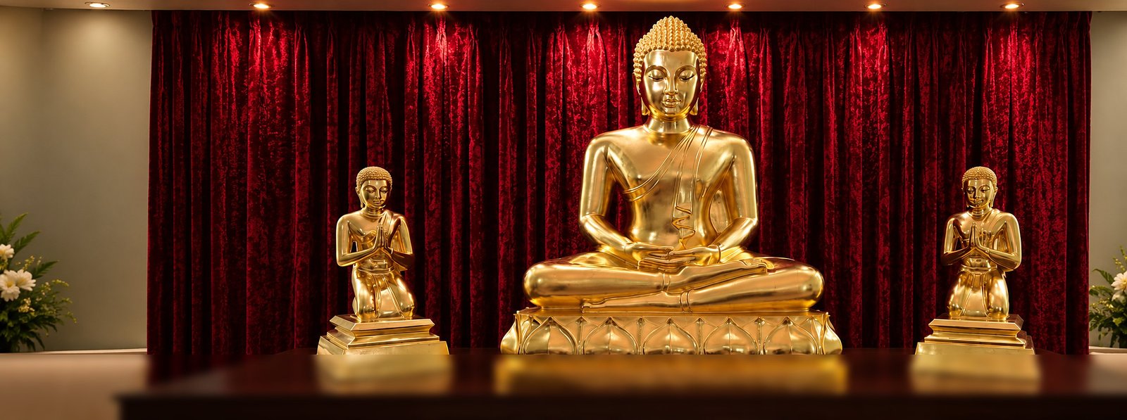 The shrine room at the London Buddhist Vihara: the principal gilded Buddha image seated in meditation on a lotus throne, flanked by two kneeling attendant figures, before a deep red velvet curtain.